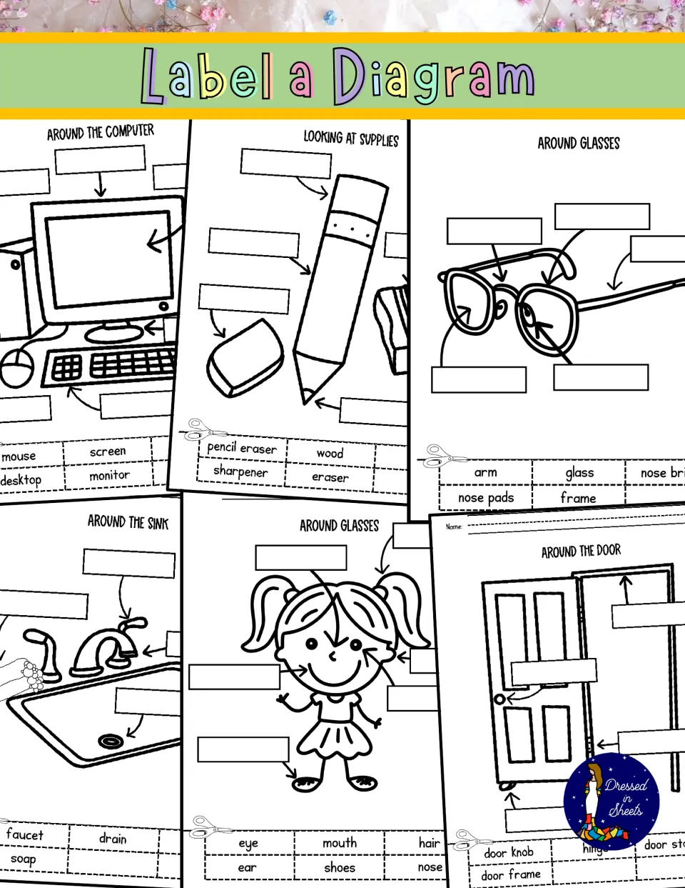 Label a Diagram cover: cut-and-paste sheets for labelling a computer, school supplies, glasses, a sink, a child and a door