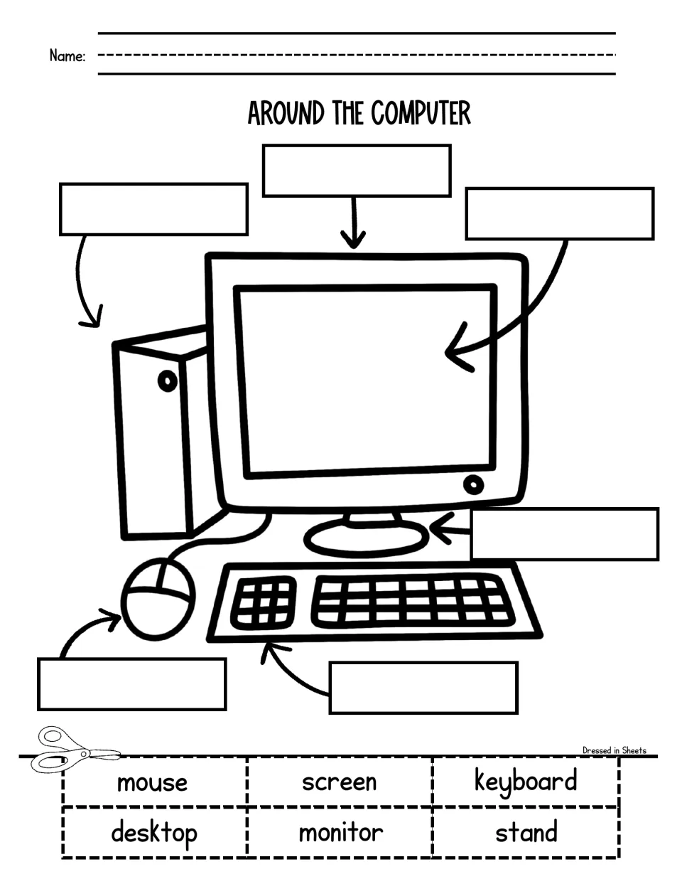 Computer parts: students cut out mouse, screen, keyboard, desktop, monitor and stand and paste each word on its arrow
