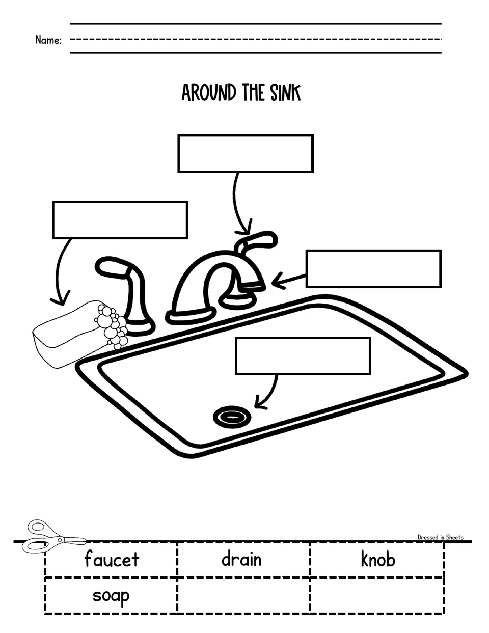 Parts of a sink: students cut out faucet, drain, knob and soap word cards and glue each one where its arrow points
