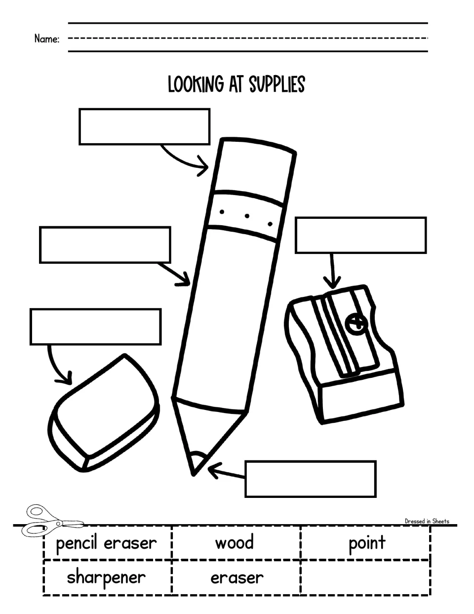 School supplies: students label a pencil's eraser, wood and point, plus a sharpener and an eraser, using cut-out words
