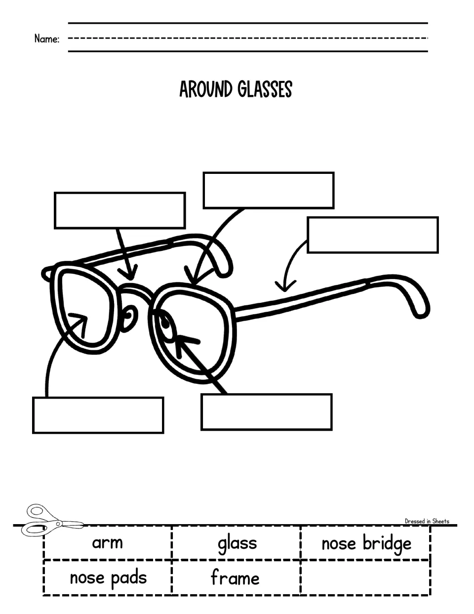 Parts of eyeglasses: students cut out arm, glass, nose bridge, nose pads and frame and paste them onto the drawing