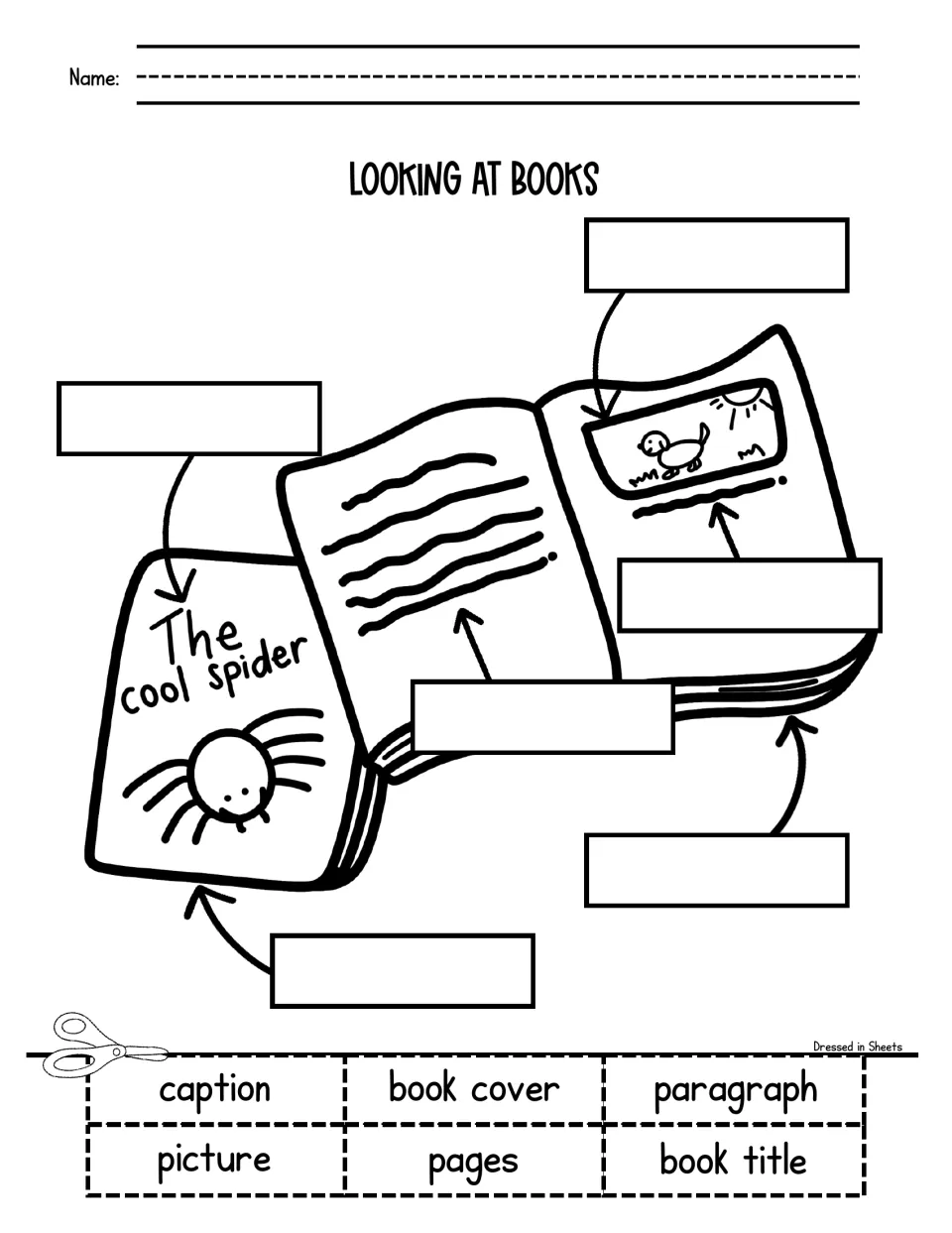 Parts of a book: students label the book cover, book title, pages, paragraph, picture and caption on an open book