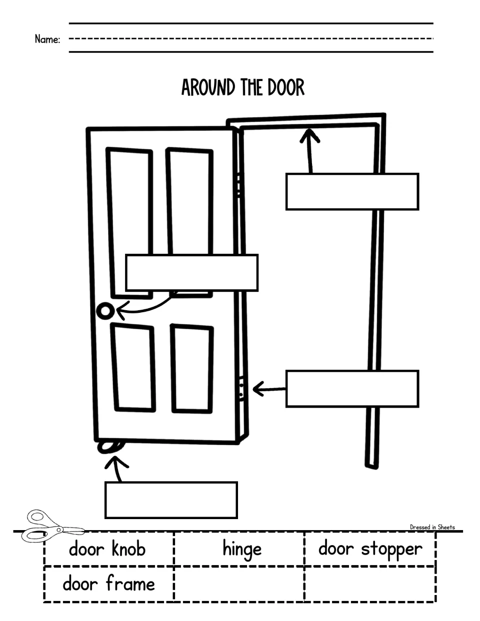 Parts of a door: students label the door knob, hinge, door stopper and door frame by pasting cut-out word cards