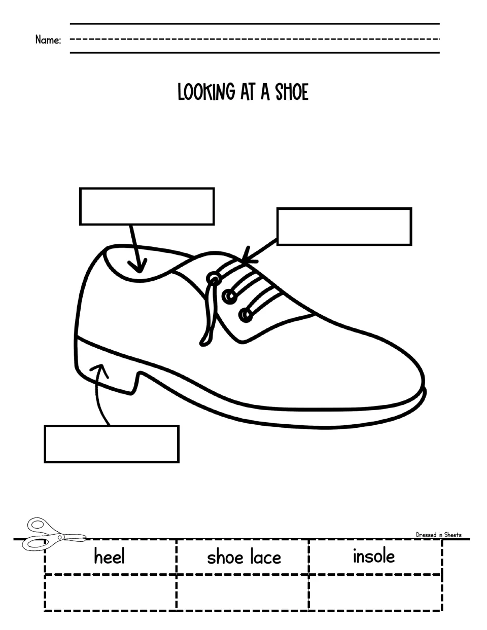 Parts of a shoe: students cut out heel, shoe lace and insole and match each word to an arrow on a laced shoe