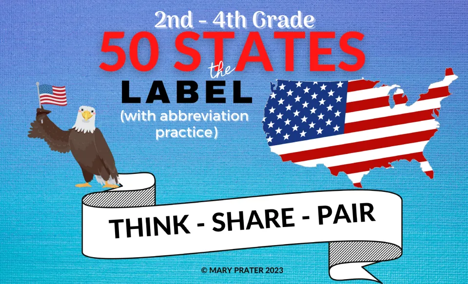Cover for a 50-state labeling and abbreviation practice pack for grades 2–4, titled with Think-Share-Pair