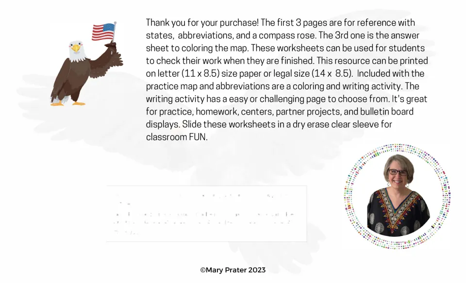 Teacher introduction explains three reference pages, map practice, coloring, and two writing difficulty levels