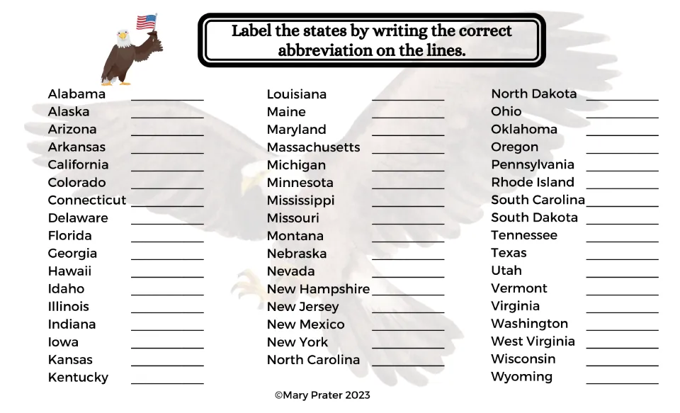 State abbreviation practice asks students to write the correct abbreviation for all 50 named U.S. states