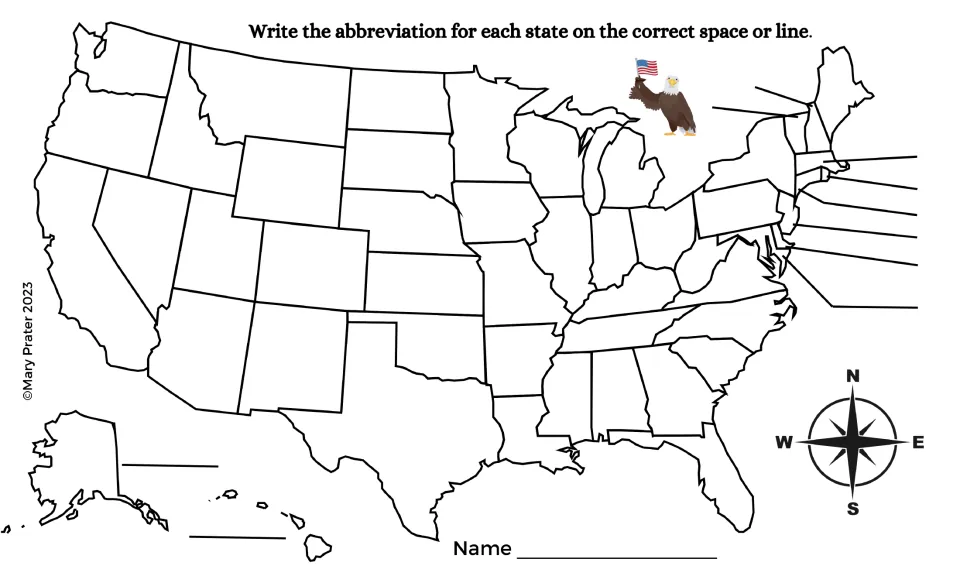 Blank U.S. map asks students to label each state with its abbreviation, including Alaska and Hawaii