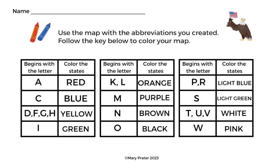 Map-coloring directions assign colors by state initial: A red, C blue, D/F/G/H yellow, and eight more groups