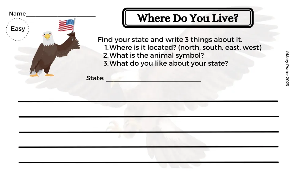Easy state-writing activity asks where students live, its location, its animal symbol, and what they like about it