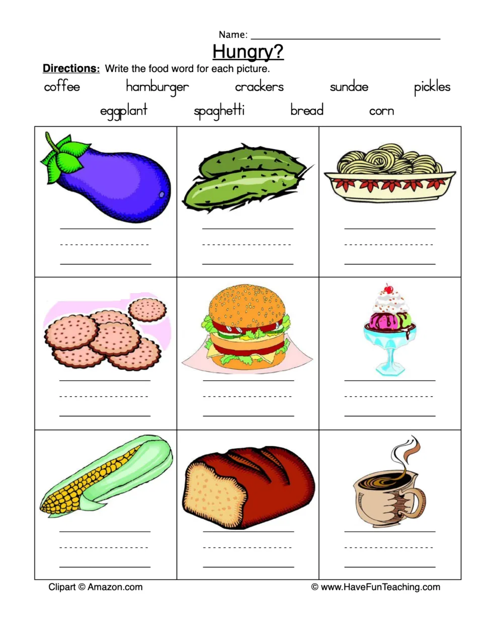 Hungry? food vocabulary: students write the word from a bank under 9 food pictures, such as eggplant, pickles and corn
