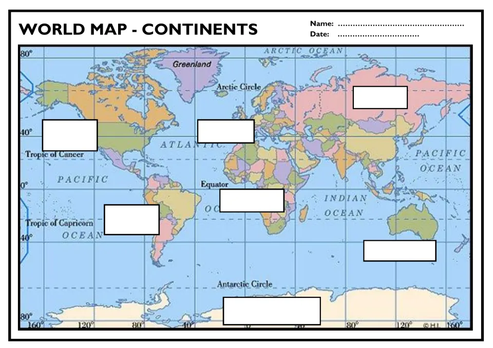 World Map - Continents: students write the name of each of the 7 continents in the blanks on a world political map