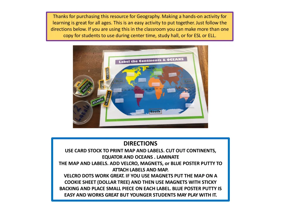 Assembly directions: print map and labels on card stock, laminate, and attach with Velcro, magnets or poster putty