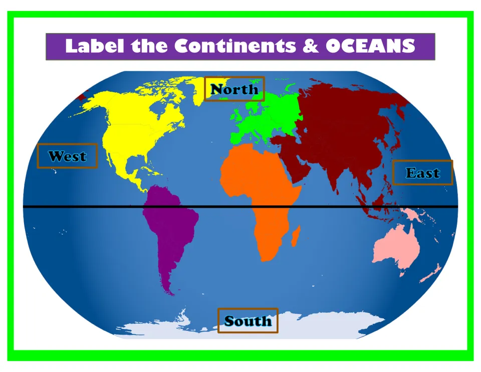 Color world map marked North, South, East and West with the equator drawn, ready for continent and ocean labels