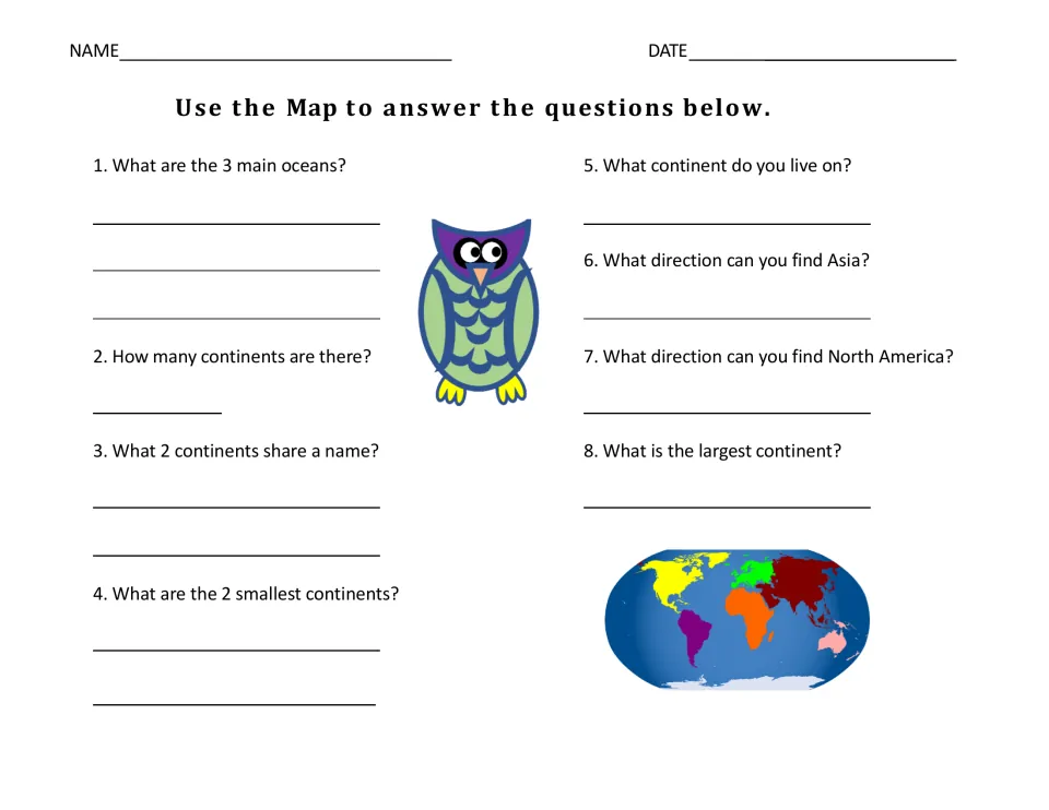 Map questions: students answer 8 questions on the 3 main oceans, the number of continents and the largest continent