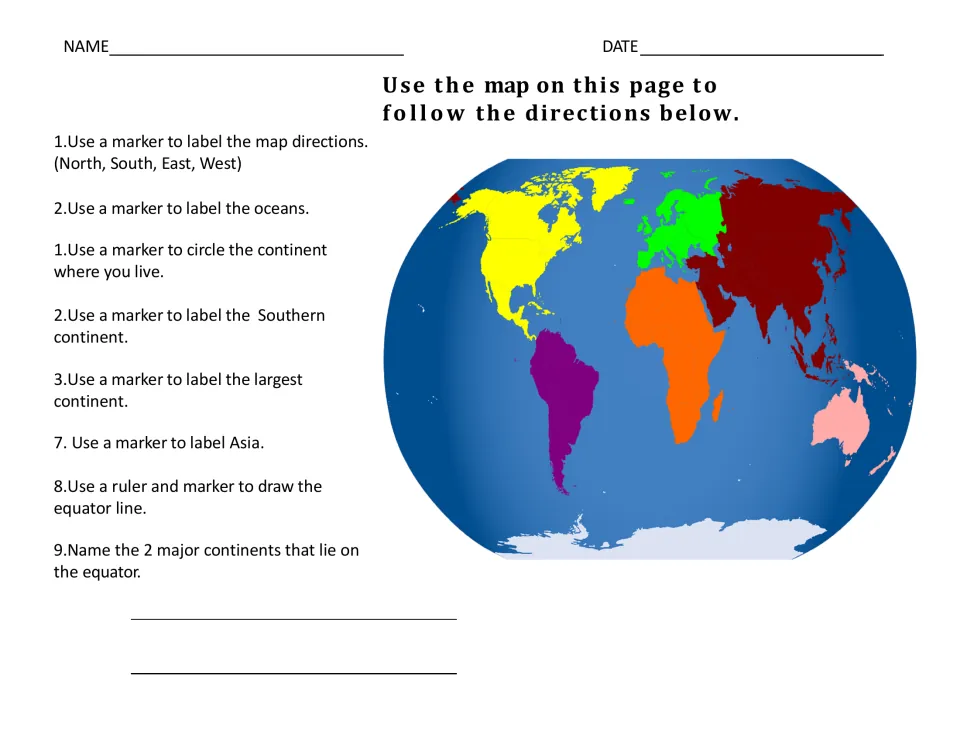 Map labeling task: students mark compass directions, oceans, the southern continent, Asia and the equator with a marker