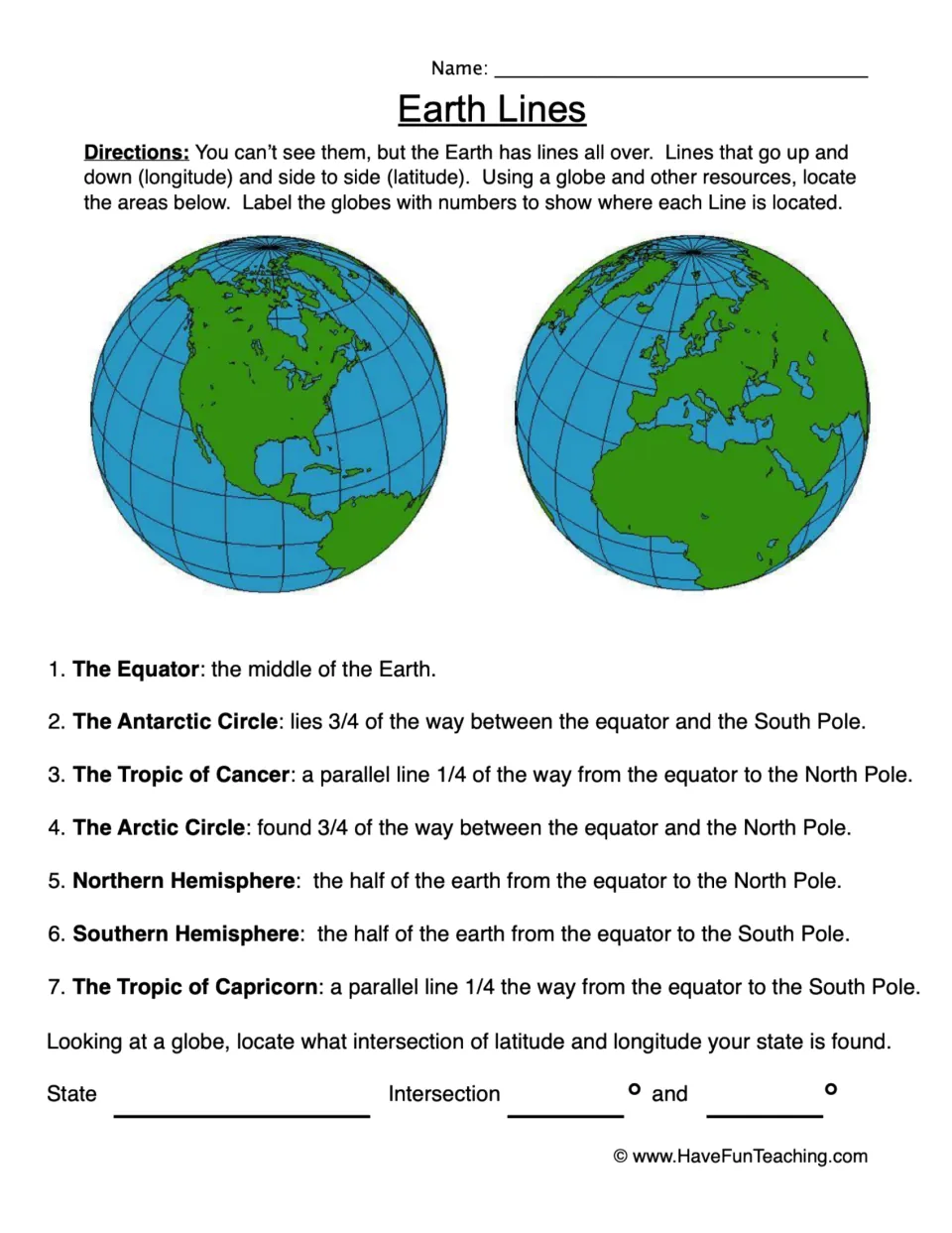 Earth Lines: students number globes to mark the equator, tropics, polar circles and hemispheres, then locate their state