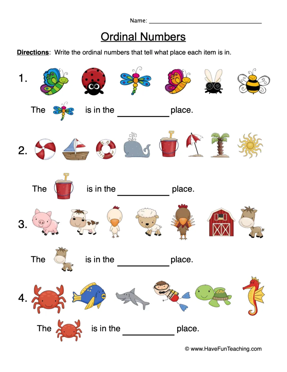 Ordinal numbers: students write what place the dragonfly, bucket, horse and crab hold in bug, beach, farm and sea rows