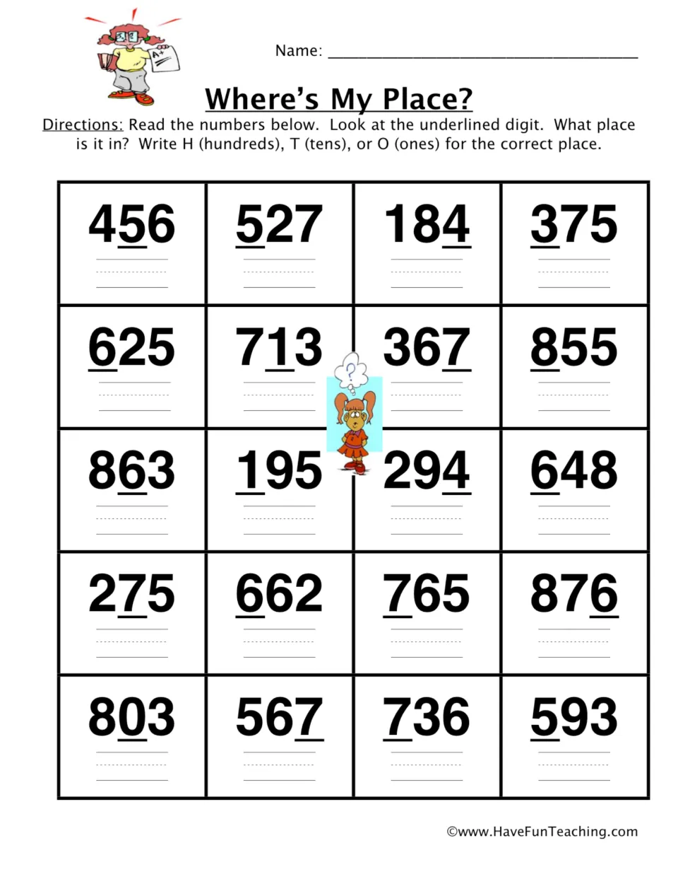 Where's My Place? place value: students write H, T or O for the underlined digit in each of 20 three-digit numbers