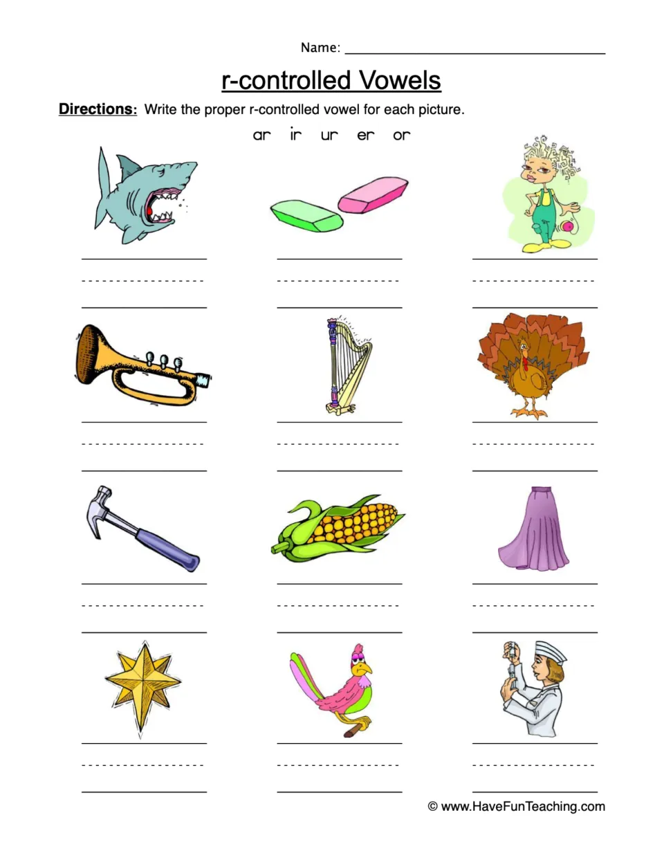 R-controlled vowel practice using ar, ir, ur, er, and or for 12 pictures, including a shark, harp, and corn.