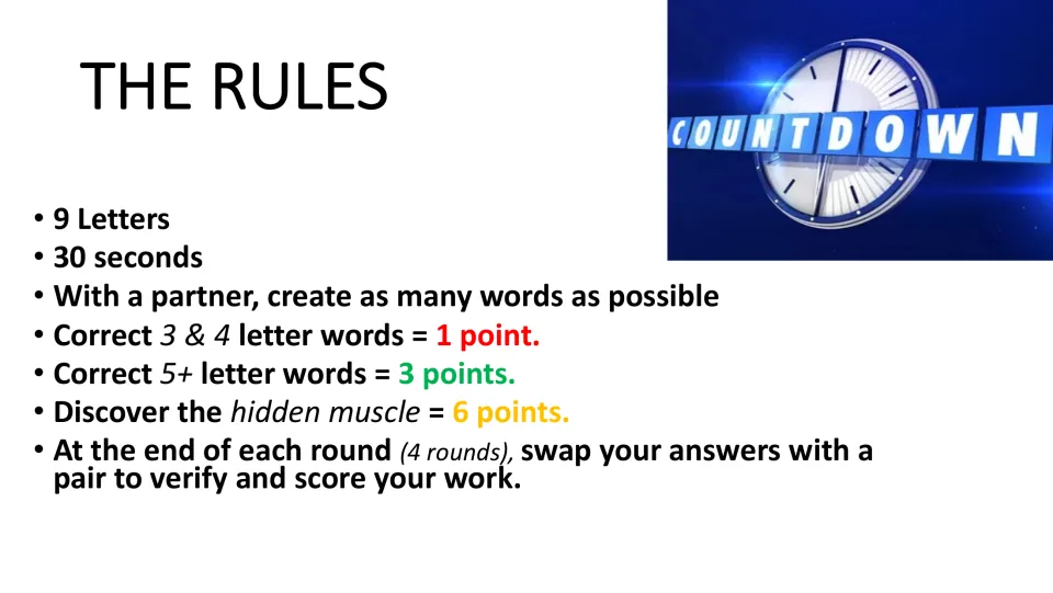 Starter rules: use nine letters in 30 seconds with a partner, earn word points, and find a hidden muscle