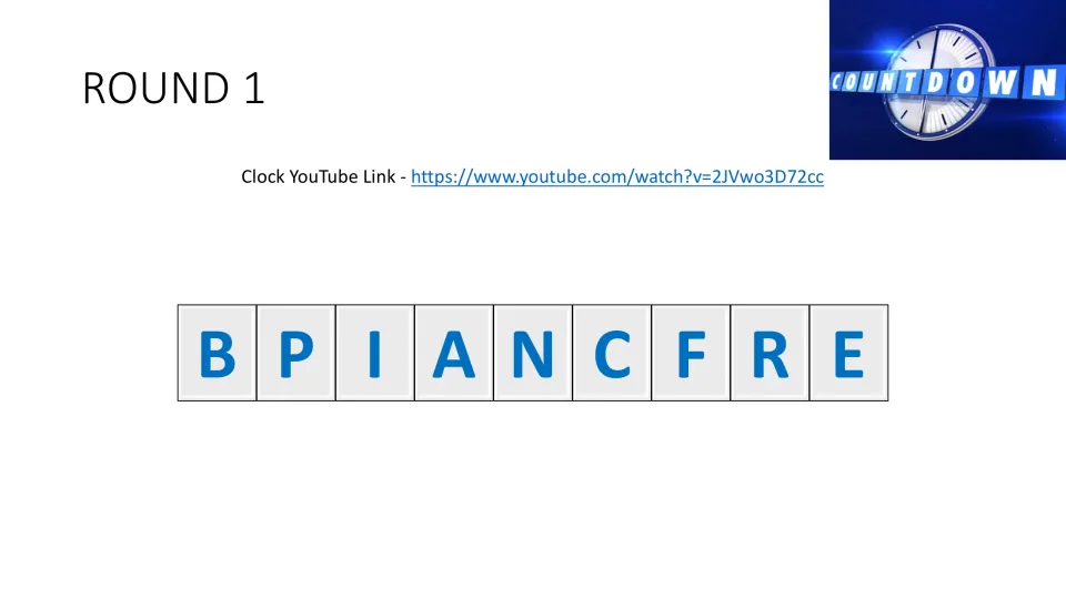 Muscle word-game round 1 presents the letters B, P, I, A, N, C, F, R, E and a link to a countdown clock