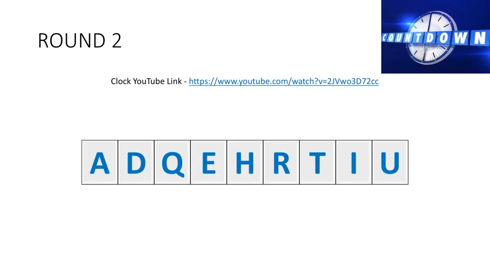 Muscle word-game round 2 presents the letters A, D, Q, E, H, R, T, I, U and a link to a countdown clock