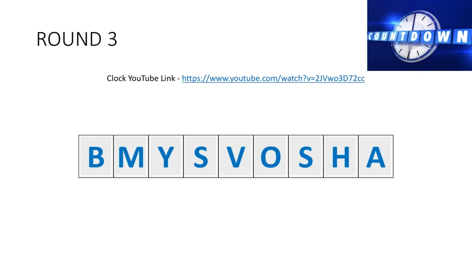 Muscle word-game round 3 presents the letters B, M, Y, S, V, O, S, H, A and a link to a countdown clock