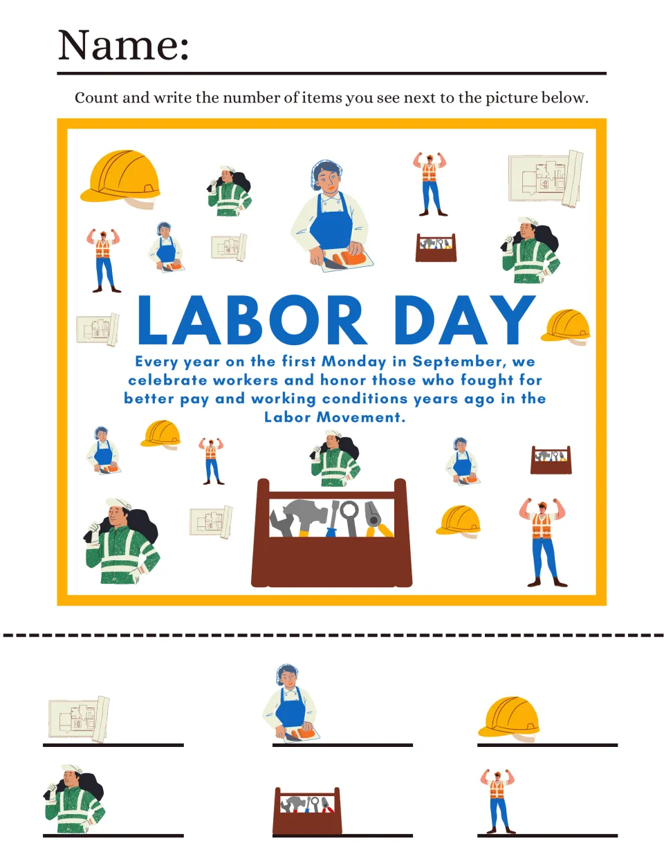 Labor Day I spy counting: students count hard hats, toolboxes, blueprints, chefs and workers, then write each total