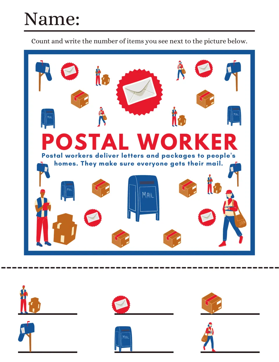 Postal worker I spy: students count mailboxes, letters, packages and mail carriers in the scene and write each number