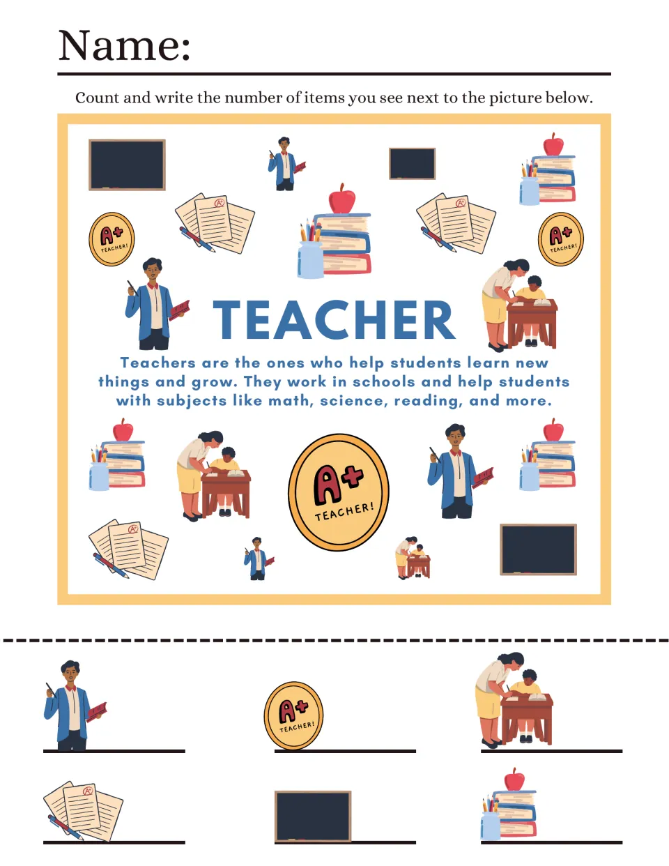Teacher I spy: students count chalkboards, A+ badges, graded papers, book stacks and teachers, then write the totals
