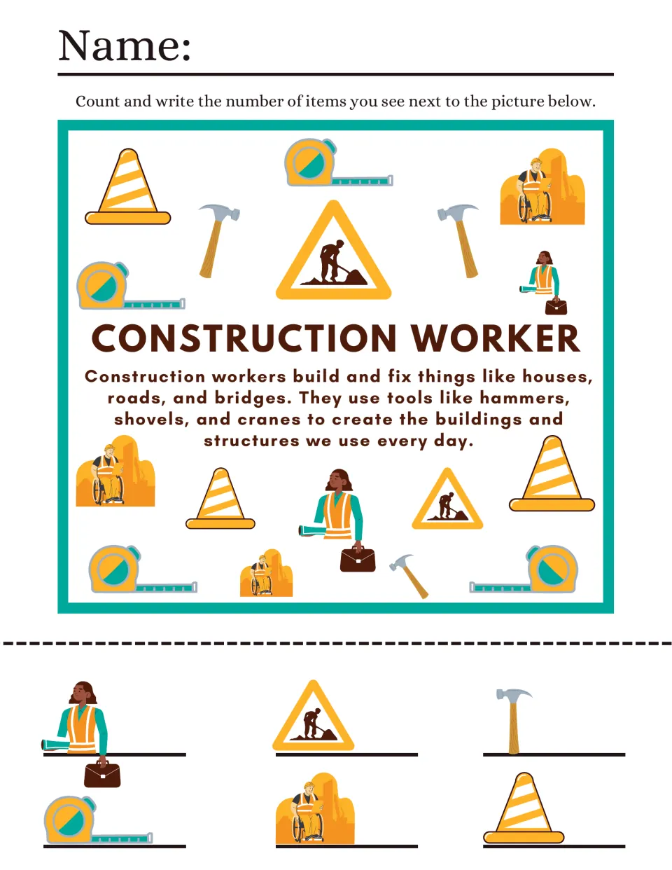 Construction worker I spy: students count cones, hammers, tape measures, signs and workers, then write each number
