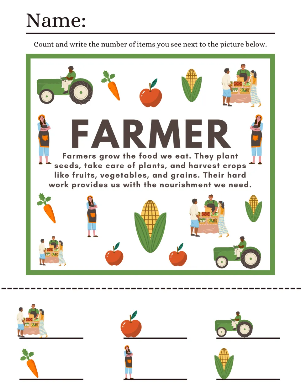 Farmer I spy: students count tractors, carrots, apples, corn, farmers and market stands, then write how many of each