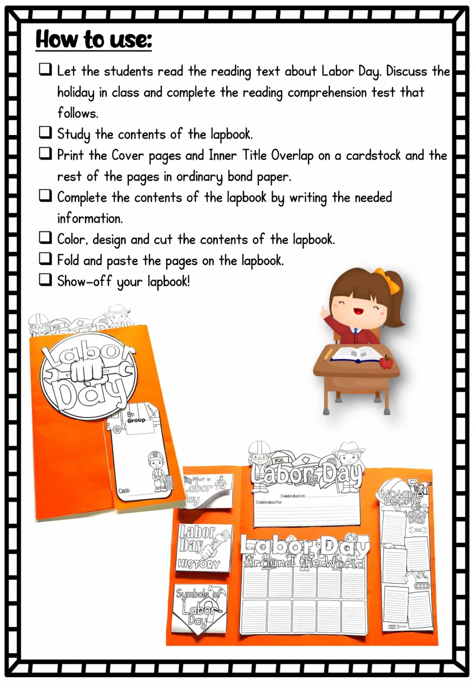 How to use: steps to read the Labor Day text, take the comprehension test, print, color, cut, fold and paste the lapbook