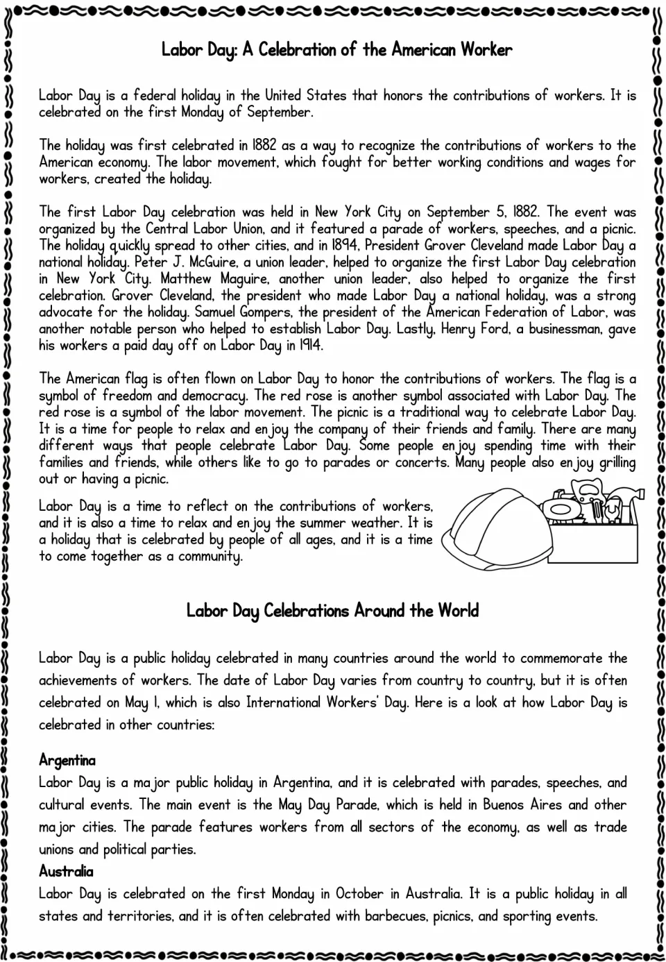 Labor Day reading passage on its 1882 origins, founders and symbols, then celebrations in Argentina and Australia