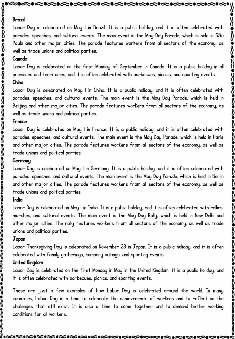 Reading passage continued: how Brazil, Canada, China, France, Germany, India, Japan and the UK celebrate Labor Day