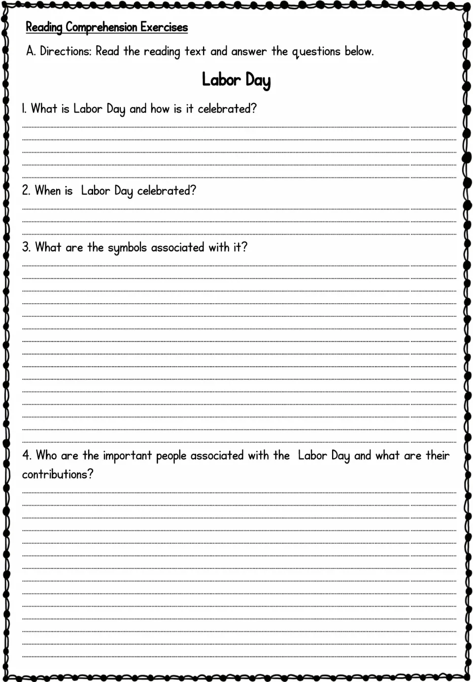 Labor Day comprehension questions: students write answers on what it is, when it falls, its symbols and its key people