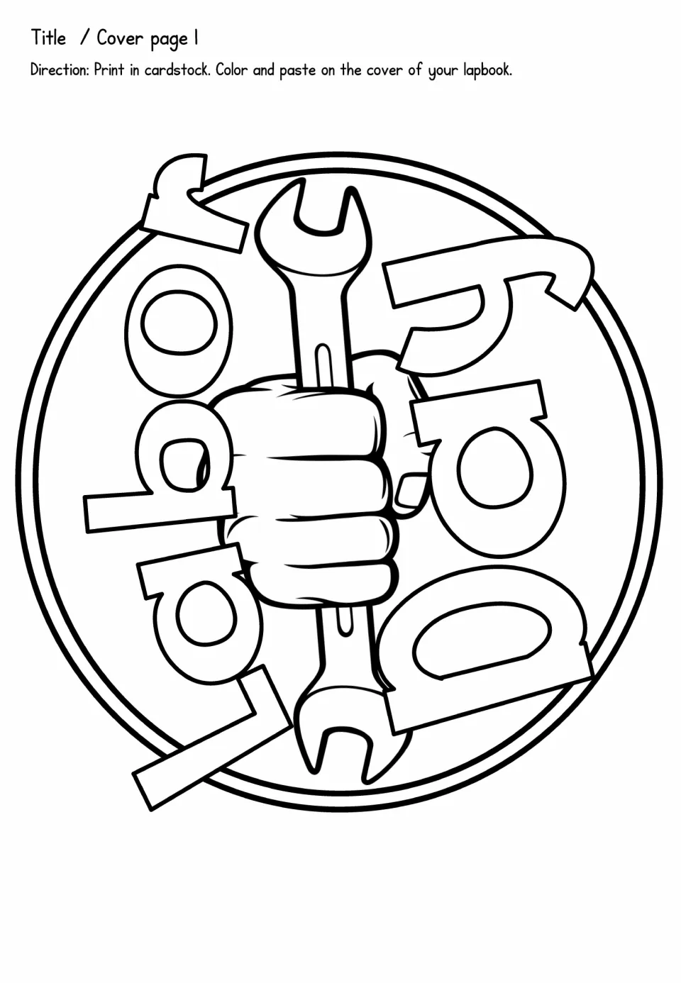 Lapbook cover piece 1: Labor Day title circle with a fist gripping a wrench, for students to color and paste on the cover