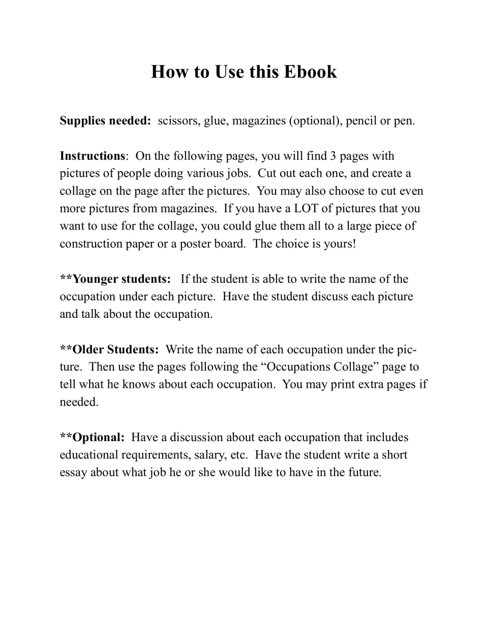 How to Use this Ebook: supplies list and steps to cut out job pictures, build a collage, then write about each occupation