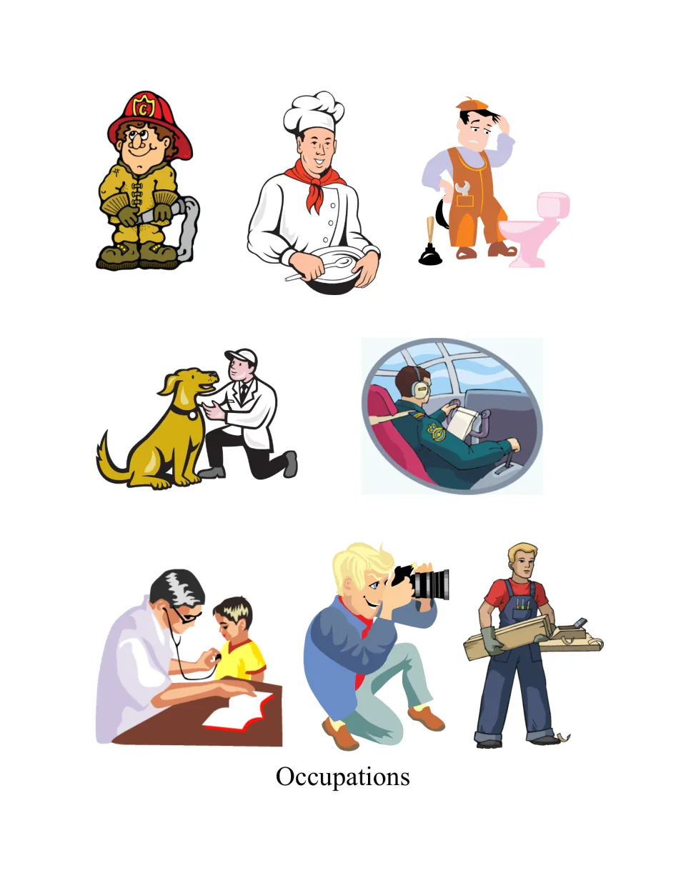Occupations picture page 1: firefighter, chef, plumber, veterinarian, pilot, doctor, photographer and carpenter to cut out