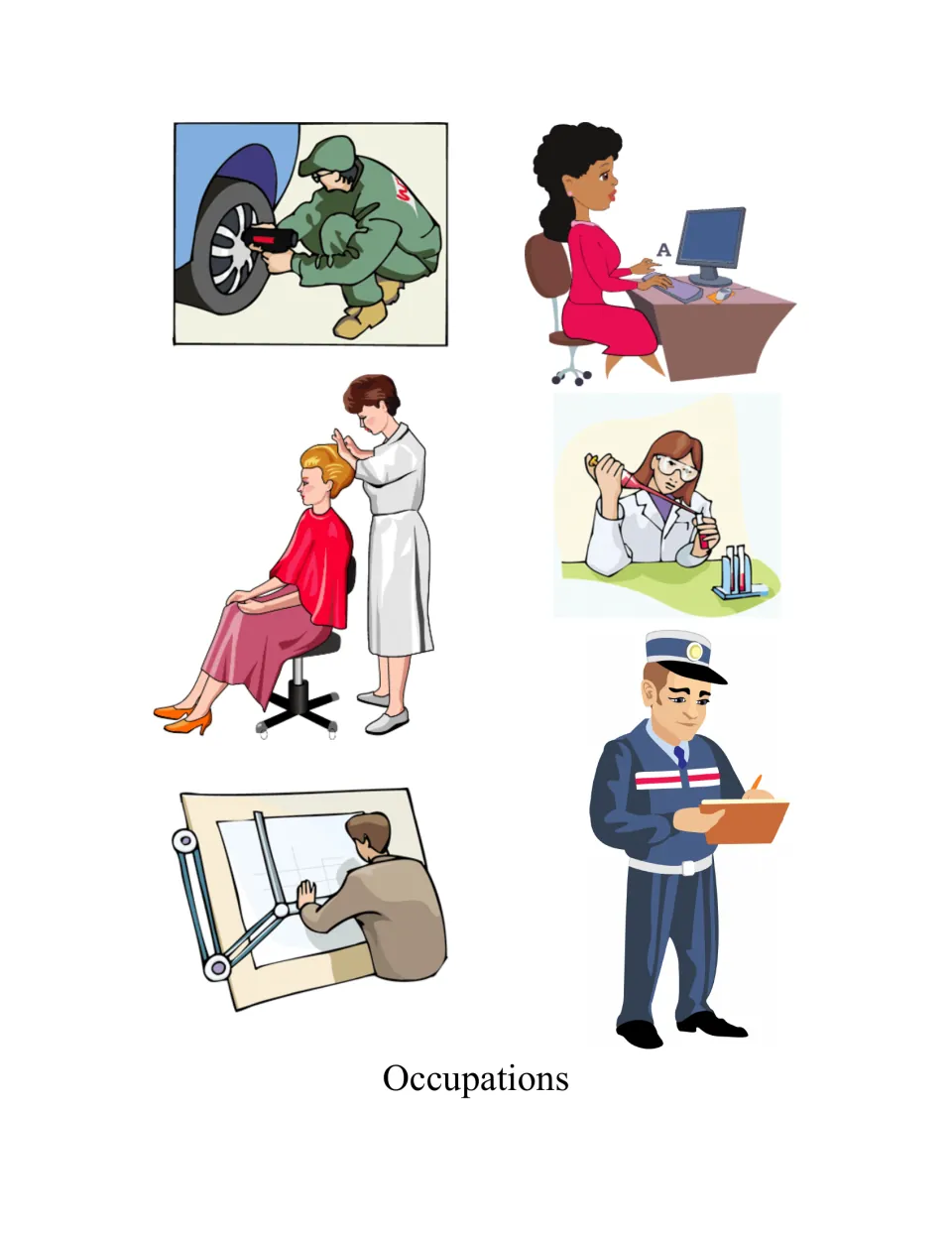 Occupations picture page 2: mechanic, office worker, hairstylist, scientist, drafter and uniformed officer to cut out