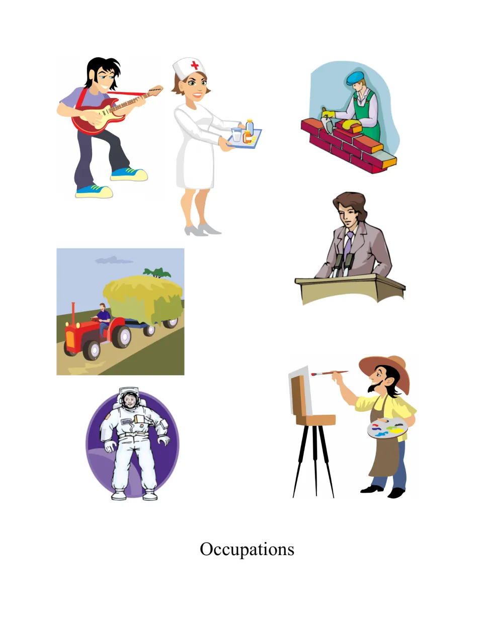 Occupations picture page 3: guitarist, nurse, bricklayer, speaker at a podium, farmer on a tractor, astronaut and painter