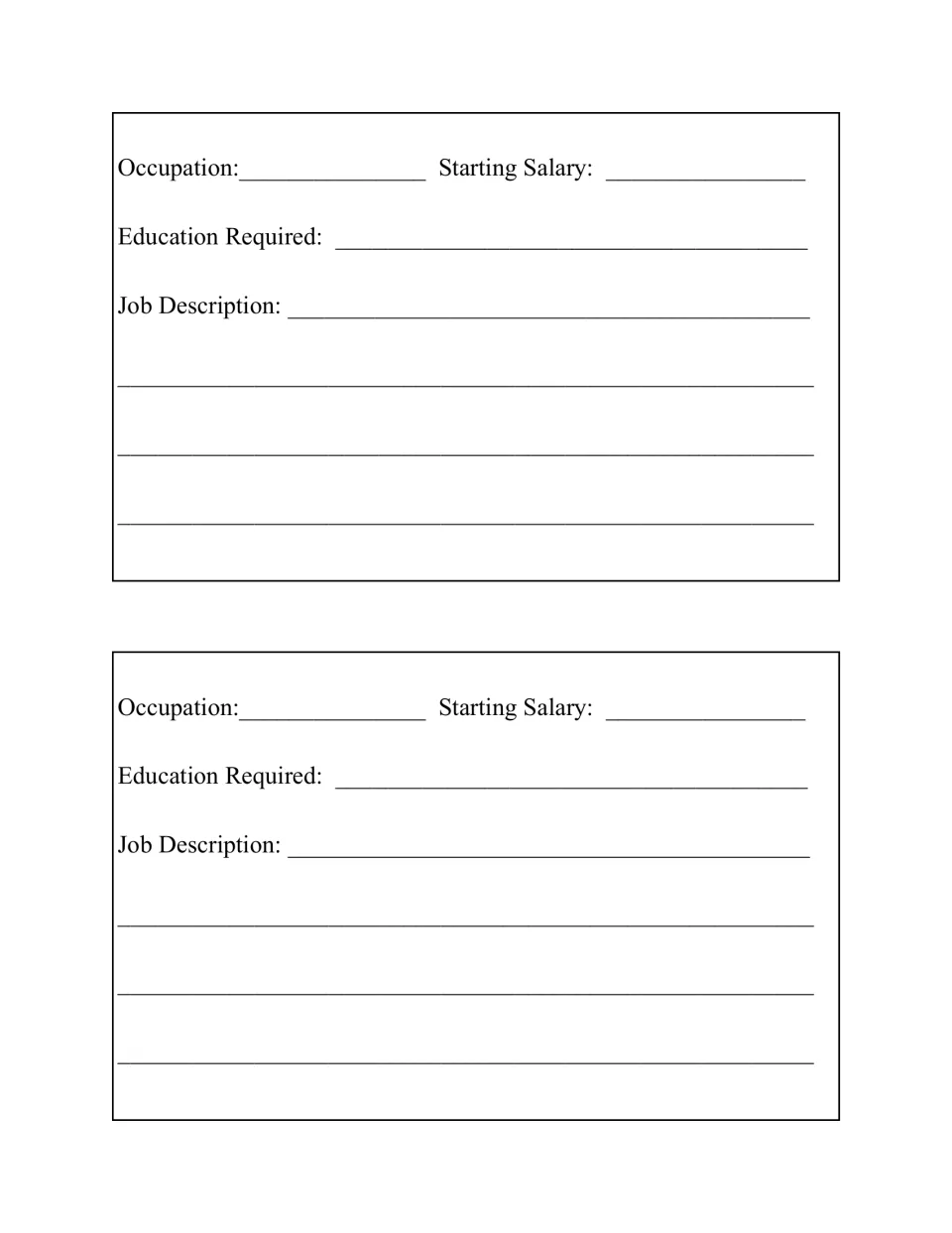Occupation report form: students record a job's name, starting salary, education required and job description, two per page