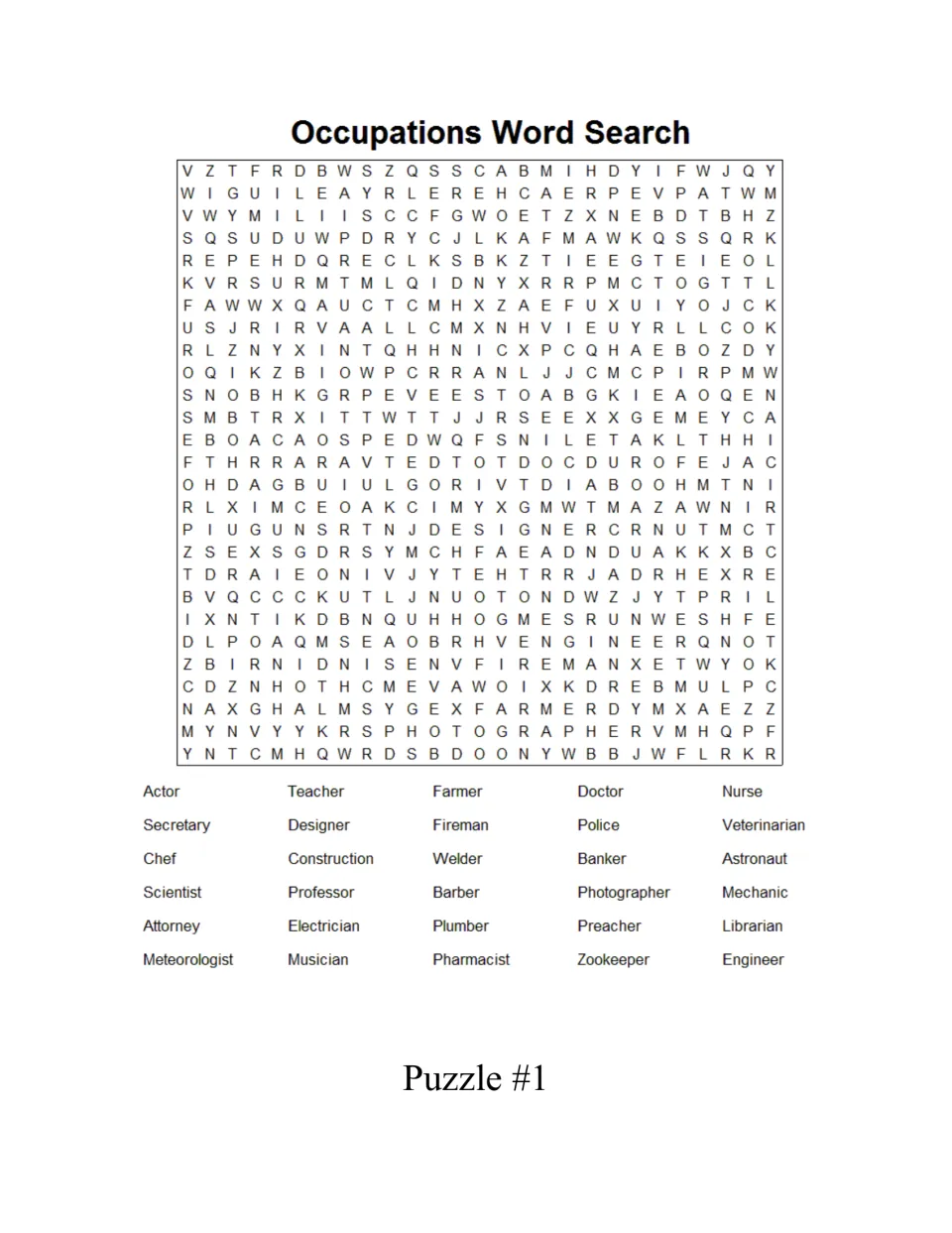 Occupations word search puzzle 1: students find 30 job names such as actor, teacher, farmer, doctor and nurse