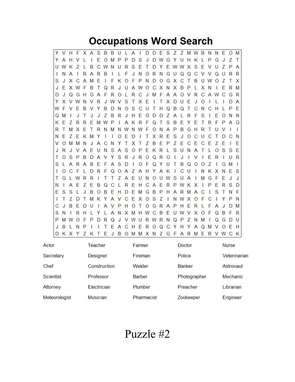 Occupations word search puzzle 2: students find jobs in a new grid, including secretary, designer and police