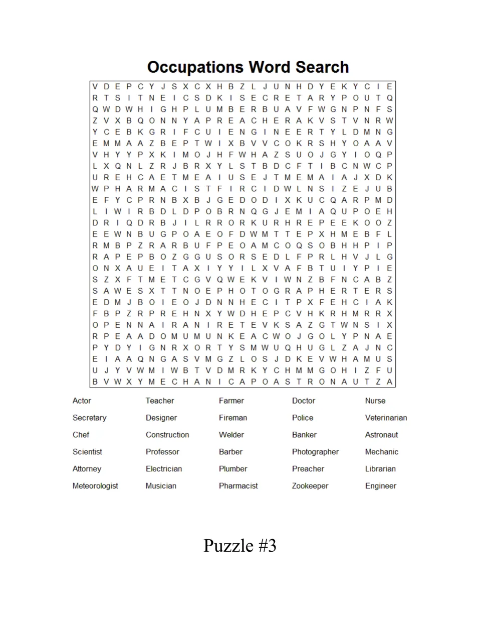 Occupations word search puzzle 3: students hunt for jobs like chef, welder, astronaut, mechanic and veterinarian