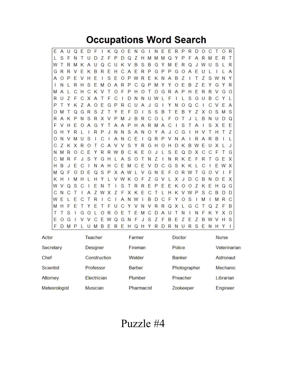Occupations word search puzzle 4: students search for scientist, attorney, meteorologist, zookeeper and more