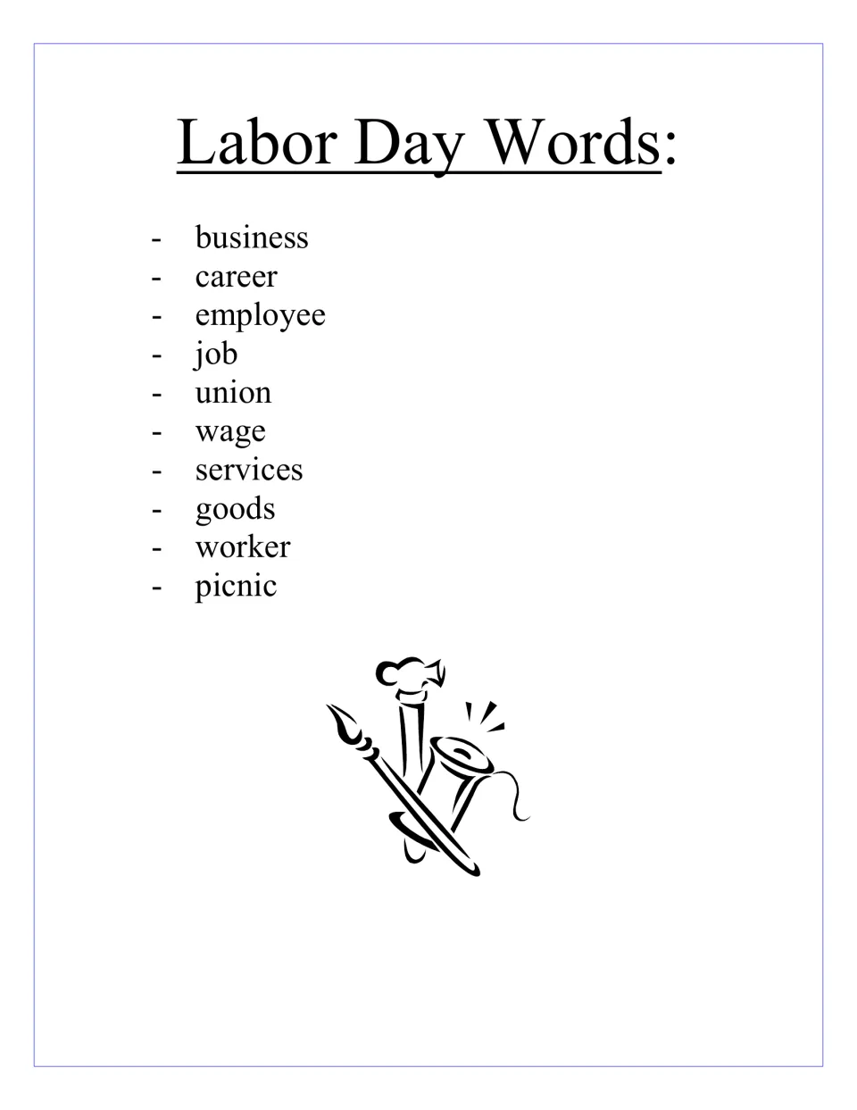 Holiday vocabulary list: business, career, employee, job, union, wage, services, goods, worker, and picnic