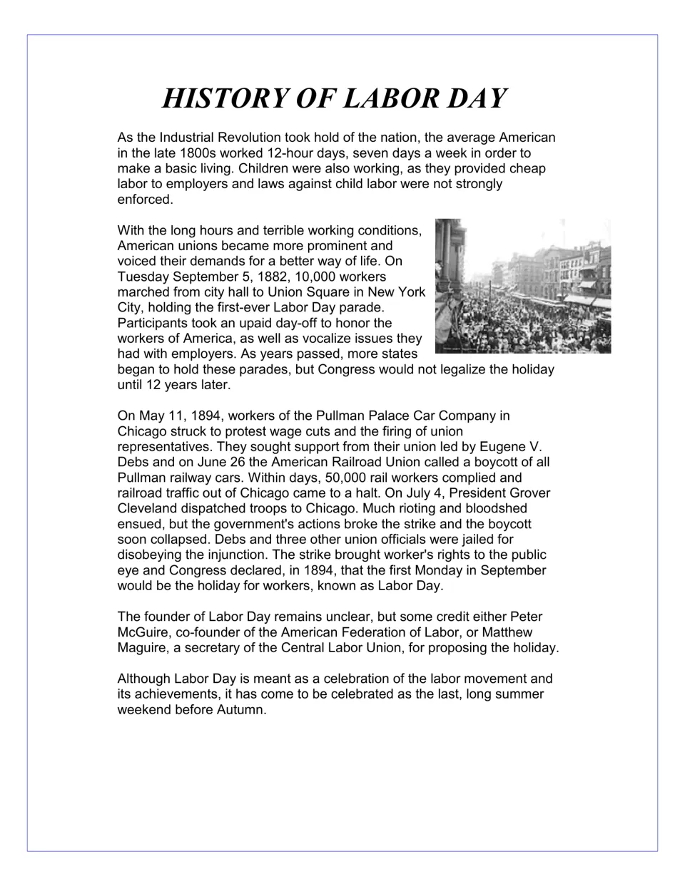 Historical reading covers working conditions, the 1882 workers' parade, the Pullman strike, and the holiday