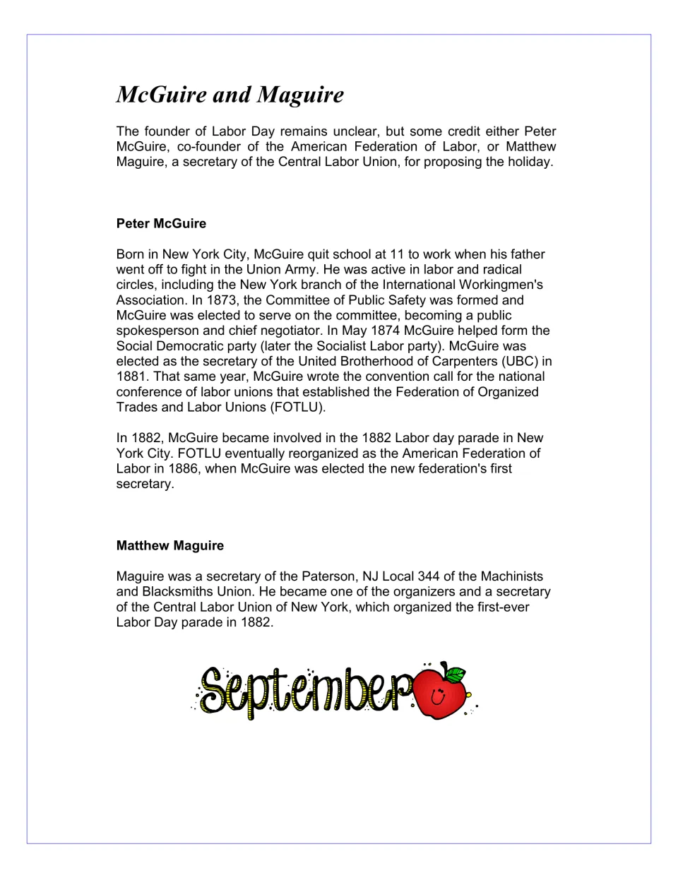 Historical reading profiles Peter McGuire and Matthew Maguire, two men credited with proposing the holiday